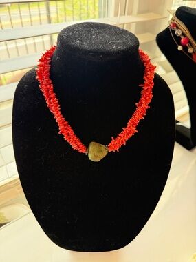 Boho Red Coral Chip Necklace Natural Stone Pendant | Statement Beachy Jewelry